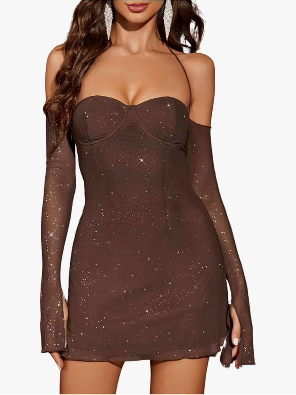 Chocolate Brown Sparkle Off-Shoulder Mini Dress